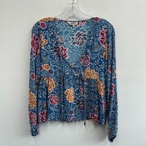 Arnhem Peasant Blouse in Floral Reef Blue Long Sleeve V-neck Size 6